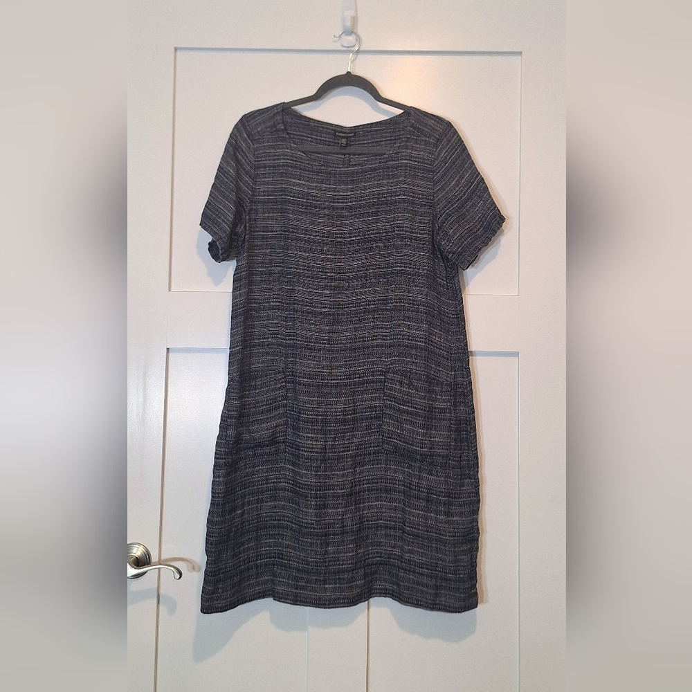 Eileen Fisher Organic Linen 100% Coastline Shift Midi Dress Black White Medium